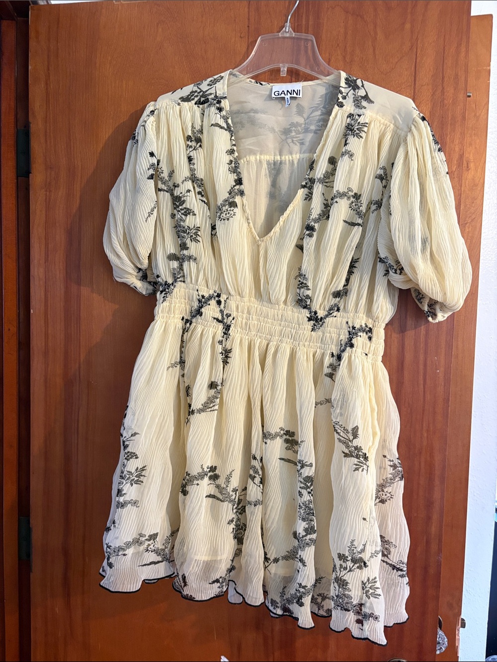 GANNI Soft Yellow and Black Flowy Mini Dress